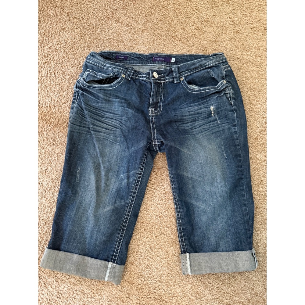 Vigoss Capri Jeans Medium Wash Distressed Thick Stitch Embroidered Pocket Size13